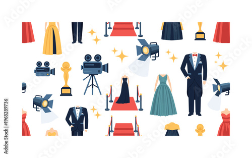 celebrity fashion night seamless pattern, repeating pattern, surface design, textile print, modern illustration of red carpets, gowns, tuxedos, cameras, stars,