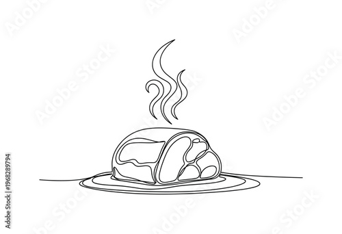 Cooked Meats. Minimalistic one-line drawing braised meat in sauce with steam, continuous single black line on white background, simple outline style, no