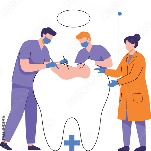 Medical team of tiny dentists repairing giant tooth concept illustration for professional stomatology clinic service and dental surgery.