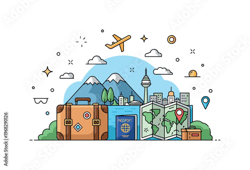 Travel scenic journey scene where a suitcase, passport, and map sit on a table with a background of distant mountains and city landmarks while small sparkle