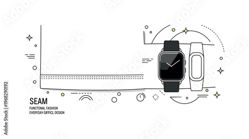 Seam casual clothing hemline scene where a seam on a t-shirt or shirt is visible while tiny sparkle and line icons highlight detail, quality, and everyday