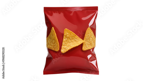 Cuadro en lienzo Crimson foil snack packet displaying three triangular tortilla chips perfectly a