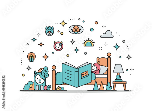 Reading a bedtime story whimsical forest story concept where magical creatures appear in the illustration while small sparkle and line icons