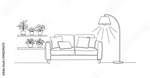 Creating a Peaceful Home Environment. Minimalistic one-line drawing cozy living room with soft cushions, plants, and warm lighting, continuous single black