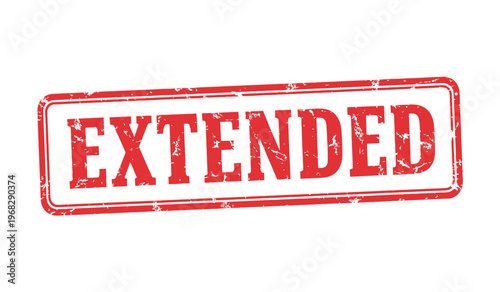 A vibrant red 'extended' stamp isolated on a white background signifying prolongation or addition