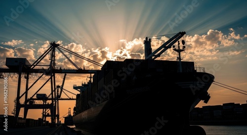Silhouette of cargo ship and cranes at sunset, dramatic sunrays piercing clouds