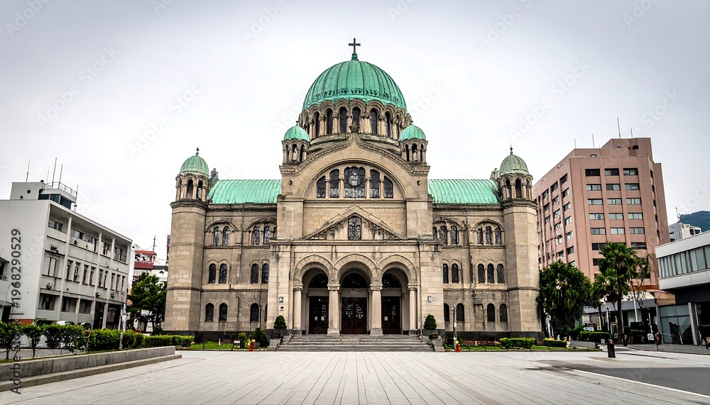 Obraz premium A grand edifice with a central dome, twin flanking towers, and a classical facade set against a cloudy sky