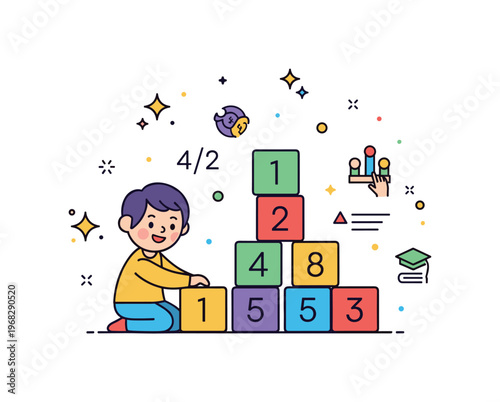 Learning with blocks counting and stacking challenge concept where numbered blocks are arranged in order while small sparkle and line icons emphasize numeracy,