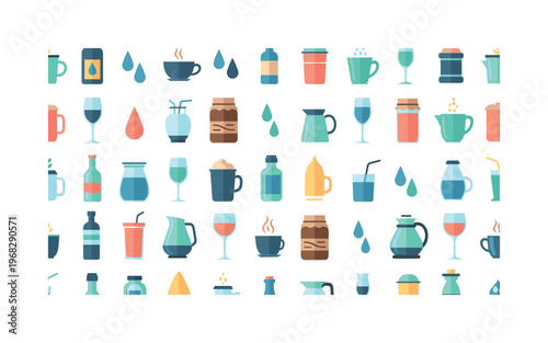 refreshment icons seamless pattern, repeating pattern, surface design, textile print, modern illustration of glasses, wine glasses, jars, bottles, cups,