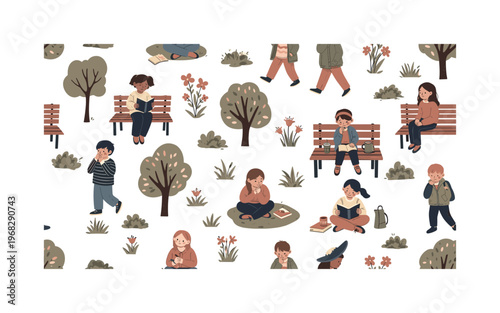 thoughtful children seamless pattern, repeating pattern, surface design, textile print, modern illustration of kids reading, drawing, walking, sitting,