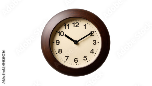 Round wooden framed wall clock with black hands displaying 10 09, isolated on transparent background for time management concepts
