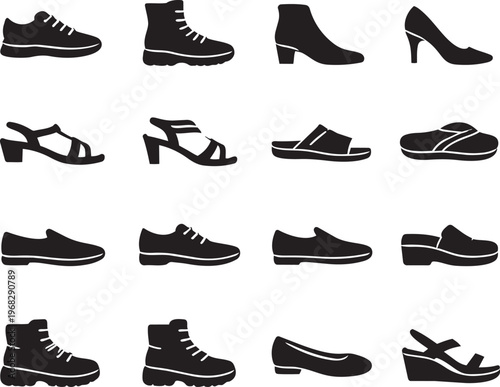 Black vector collection of fashion footwear silhouettes featuring a set of elegant high heel shoes and boots for men and women's clothing style