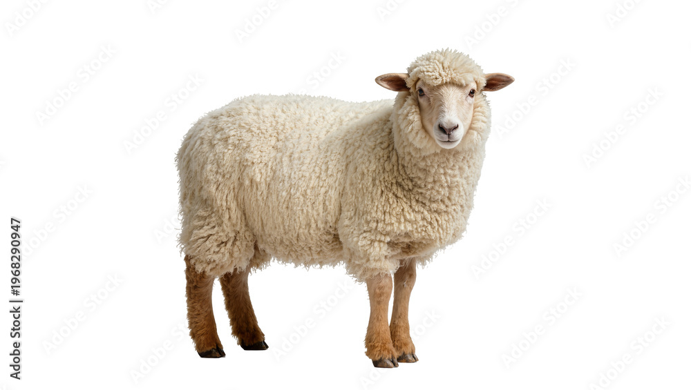 Fototapeta premium Fluffy cream-colored domestic sheep standing sideways displaying woolly fleece and brown hooves, isolated on transparent background for farm concepts
