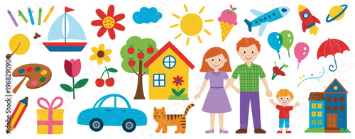 Felt pen hand drawn vector illustrations set of child drawings and doodles, featuring playful sketch-style elements, simple icons, and creative scribbles designed with a marker aesthetic