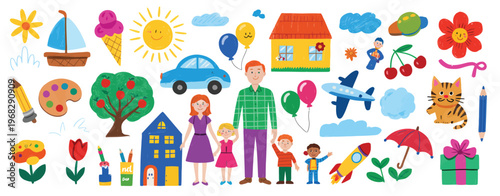 Felt pen hand drawn vector illustrations set showcasing childlike doodles and sketch graphics, created in a casual marker style with clean vector execution, suitable for worksheets, storybooks