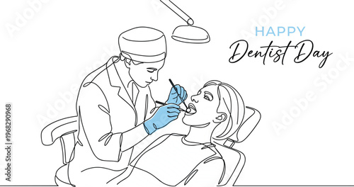 Professional dentist performing clinical procedure on patient in continuous line art style for happy dentist day celebration greeting.