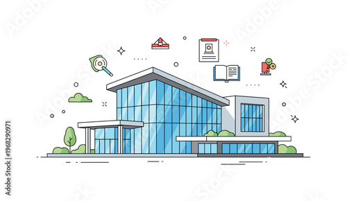 Modern architecture public building concept where a sleek cultural or civic center displays glass walls and sharp geometry while small sparkle and line icons