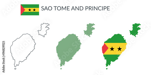 Sao Sao Tome and Principe geographical borders isolated on white background. Flag of Sao Tome and Principe. Vector flat cliparts.
