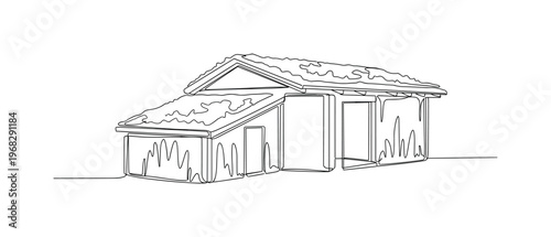 Eco Building Concept. Minimalistic one-line drawing structure integrating biodegradable walls and roof with natural textures, continuous single black line on