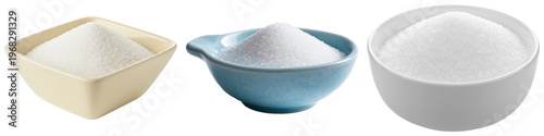 Three ceramic bowls filled with white granulated sugar, perfect for baking, coffee, and sweetening various dishes.