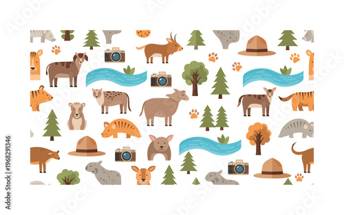 eco wildlife patterns seamless pattern, repeating pattern, surface design, textile print, modern illustration of animals, forests, rivers, endangered species,
