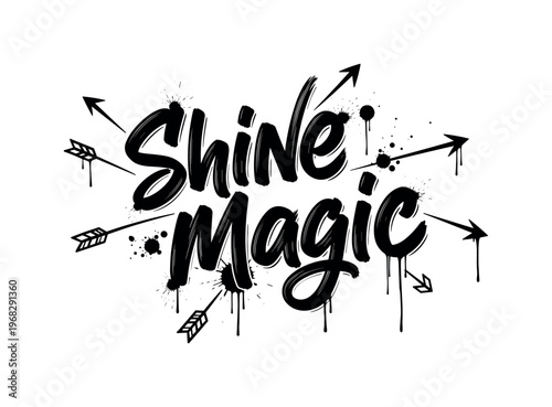 Shine Magic. lettering and all elements in black. Vector style. AWhite background. Pure white background. Perfect isolation and visual consistency. Dynamic
