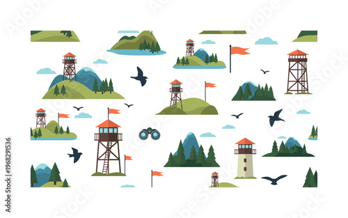 scenic view motifs seamless pattern, repeating pattern, surface design, textile print, modern illustration of watchtowers, hills, forests, flags, observation