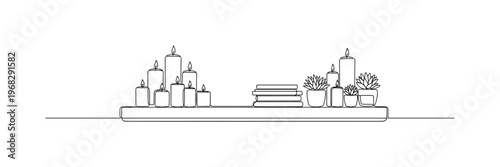 Cozy Mantel Display. Minimalistic one-line drawing fireplace shelf with candles, books, and small plants, continuous single black line on white background,