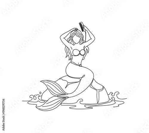 Coastal Mermaid. Minimalistic one-line drawing mermaid combing hair on rock with small waves, continuous single black line on white background, simple outline