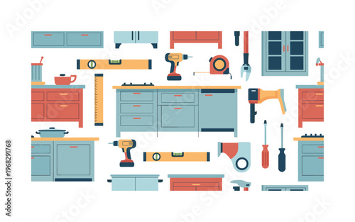 kitchen construction seamless pattern, repeating pattern, surface design, textile print, modern illustration of countertops, cabinets, drills, measuring tapes,