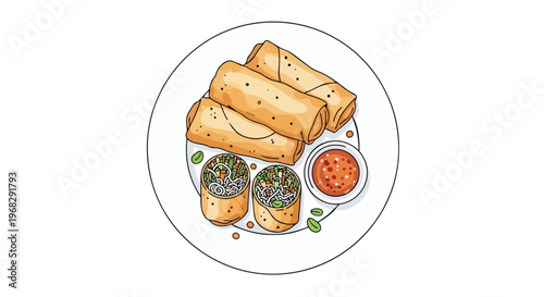 Crispy golden spring rolls with fresh filling and dipping sauce presented attractively on a white plate