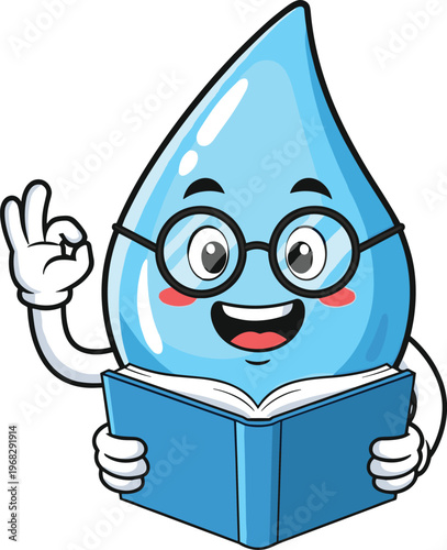 Cute water drop cartoon reading book, smart mascot character, education concept illustration, learning symbol, kawaii design, knowledge, study, playful style