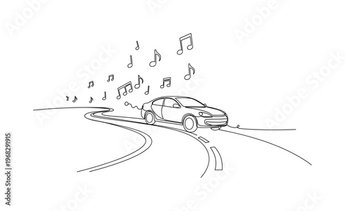 Indie Travel Tunes. Minimalistic one-line drawing car moving along road with floating music notes, continuous single black line on white background, simple