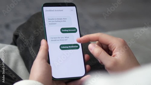 Close-up of a person using a mental health app to manage stress. Interactive AI assistant interface showing meditation and mindfulness choices. Perfect for wellness, self-care, and digital therapy