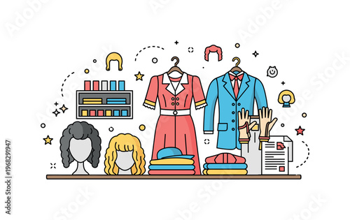 Stage props costume and prop table concept where costumes, wigs, and hand props are arranged while tiny sparkle and line icons highlight