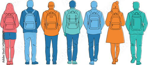People with backpacks rear view illustration, students walking group, casual lifestyle, travel and education concept, modern flat design, colorful characters