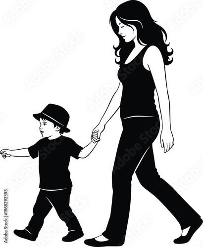 Mother and child walking silhouette, parent holding kid hand, family care concept, black shadow illustration, love, parenting, relationship, isolated design