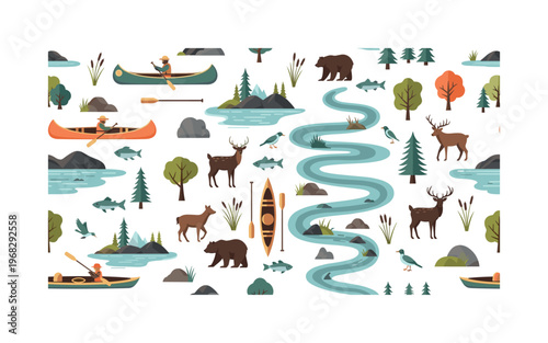river adventure motifs seamless pattern, repeating pattern, surface design, textile print, modern illustration of canoes, kayaks, paddles, rivers, lakes,