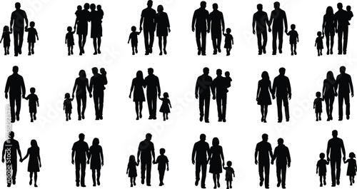 Family silhouettes collection, parents and children walking together, diverse family groups, black shadow figures, social relationship concept, isolated design