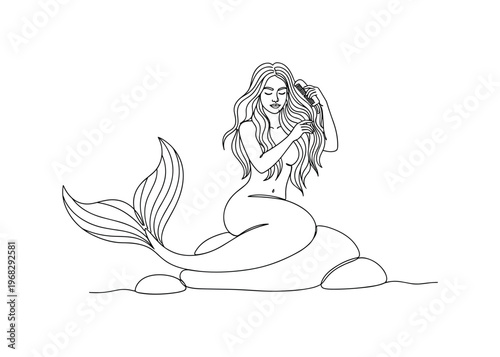 Elegant Mermaid. Minimalistic one-line drawing mermaid with flowing hair combing herself on seaside rock, continuous single black line on white background,
