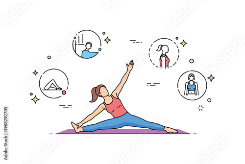 Posture pilates exercise scene where a person performs a controlled stretch on a mat while small sparkle and line icons emphasize alignment, strength, and