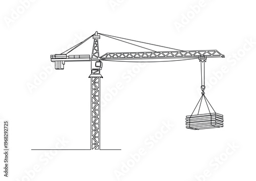 Tower Lift. Minimalistic one-line drawing construction crane with arm extended and materials hanging, continuous single black line on white background, simple