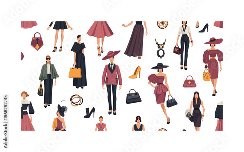 vogue campaign seamless pattern, repeating pattern, surface design, textile print, modern illustration of models in high-fashion ensembles, statement dresses,