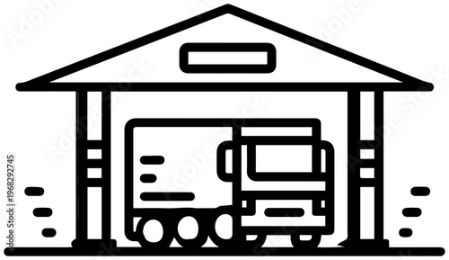 Minimalist black line art icon depicting a commercial truck entering a weighing station building under a simple gable roof representing logistics and transportation services