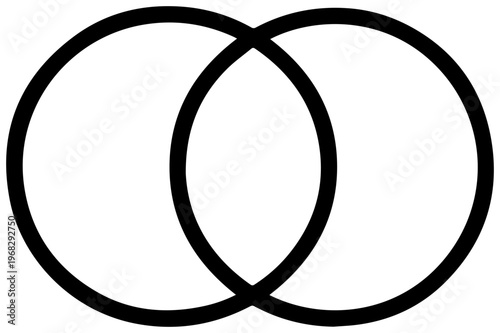 Clean minimalist black outline icon representing a venn diagram with two overlapping circles symbolizing comparison connection relationships and logical sets on a white background