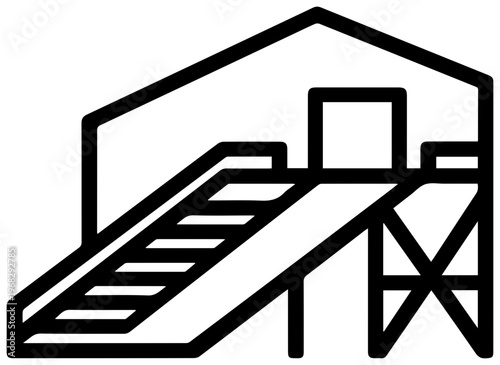 Minimalist black line art icon representing a warehouse loading dock with a ramp and stairs symbolizing logistics delivery and industrial operations in a clean modern graphic