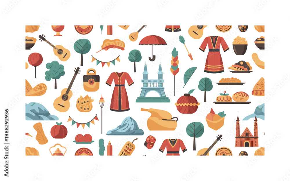 Fototapeta premium cultural celebration seamless pattern, repeating pattern, surface design, textile print, modern illustration of festivals, ethnic clothing, instruments, foods,