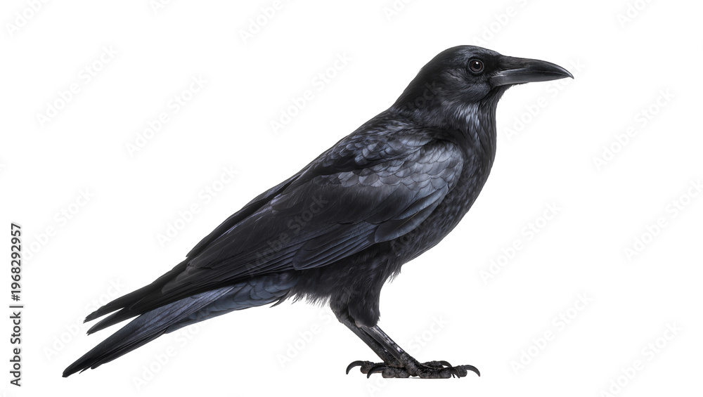 Obraz premium Glossy black raven perched attentively with sharp beak and sleek feathers, isolated on transparent background for wildlife designs