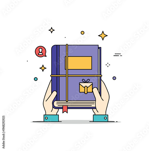 Hardcover book gift concept where a hardcover book is wrapped or held as a present while tiny sparkle and star icons highlight thoughtfulness, value, and