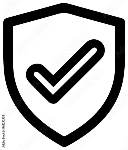 Minimalist black outline icon of a shield with a checkmark inside symbolizing security safety protection approval verification and successful completion presented on a clean white
